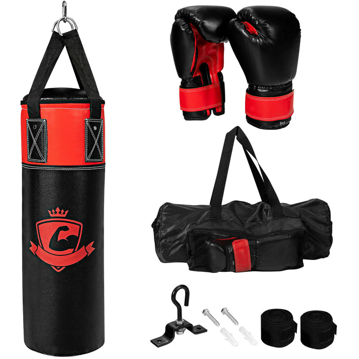 Children's Boxing Set - Punch Bag with Hand Wraps and Wall Mount in Black - Ideal for Kids' Workouts and Training