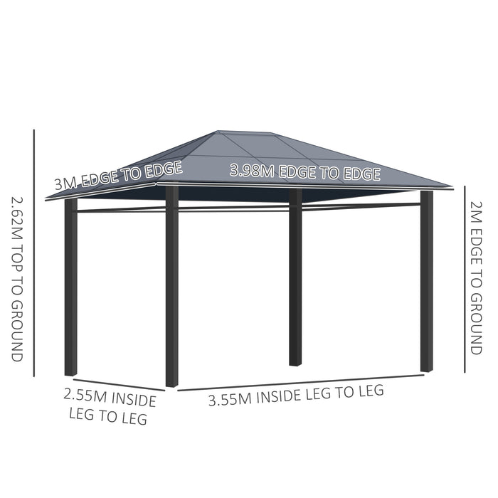 Hardtop Gazebo Garden Pavilion - UV Resistant Polycarbonate Roof, Steel & Aluminium Frame, Curtains, 3x4m in Grey - Ideal Outdoor Shelter for Entertainment and Relaxation