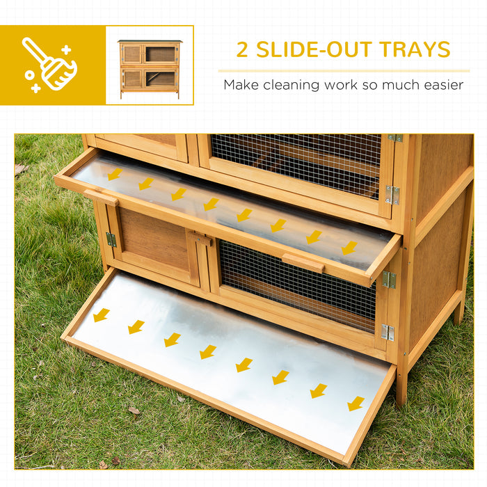 Double Decker 2-Tier Rabbit Hutch - Outdoor Guinea Pig House with Slide-Out Tray, Asphalt Roof & Ramp, 100x47x91cm - Ideal Shelter for Small Pets in Yellow