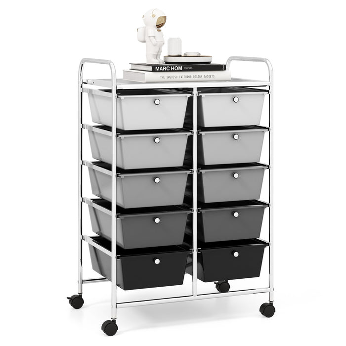 Rolling Storage Cart - 10-Drawer Organizer for Tools and Scrapbook Paper, Black - Perfect for DIY Crafts and Office Organising Tasks