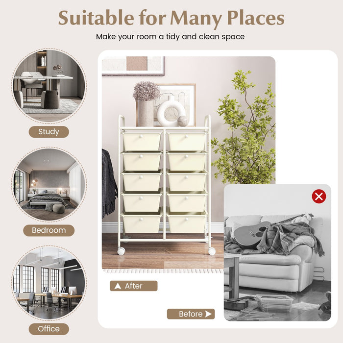 Rolling Storage Cart - 10-Drawer Organizer for Tools and Scrapbook Paper, Black - Perfect for DIY Crafts and Office Organising Tasks