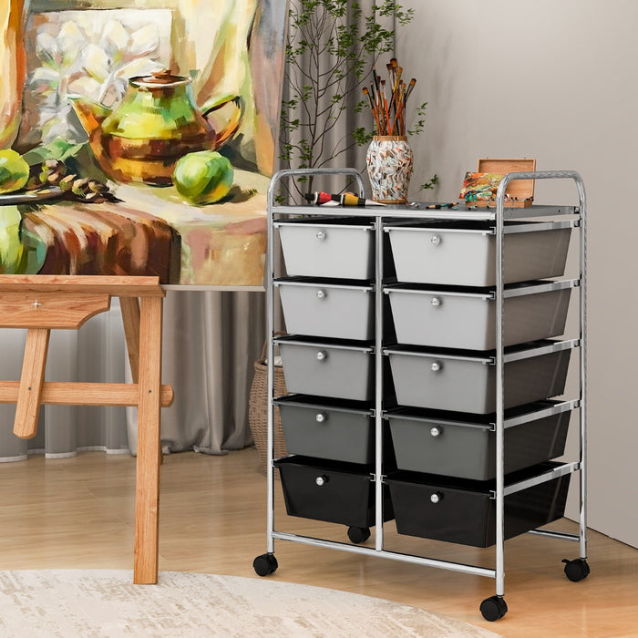 Rolling Storage Cart - 10-Drawer Organizer for Tools and Scrapbook Paper, Black - Perfect for DIY Crafts and Office Organising Tasks