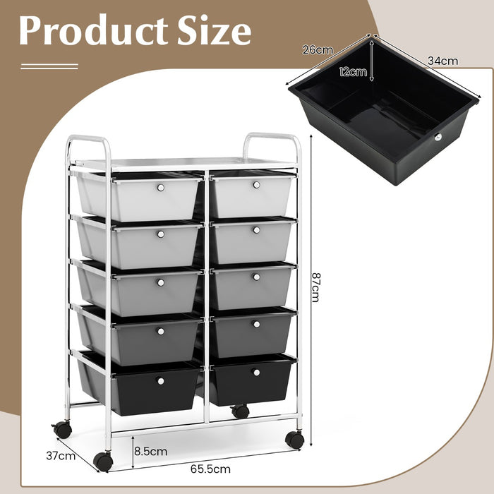 Rolling Storage Cart - 10-Drawer Organizer for Tools and Scrapbook Paper, Black - Perfect for DIY Crafts and Office Organising Tasks