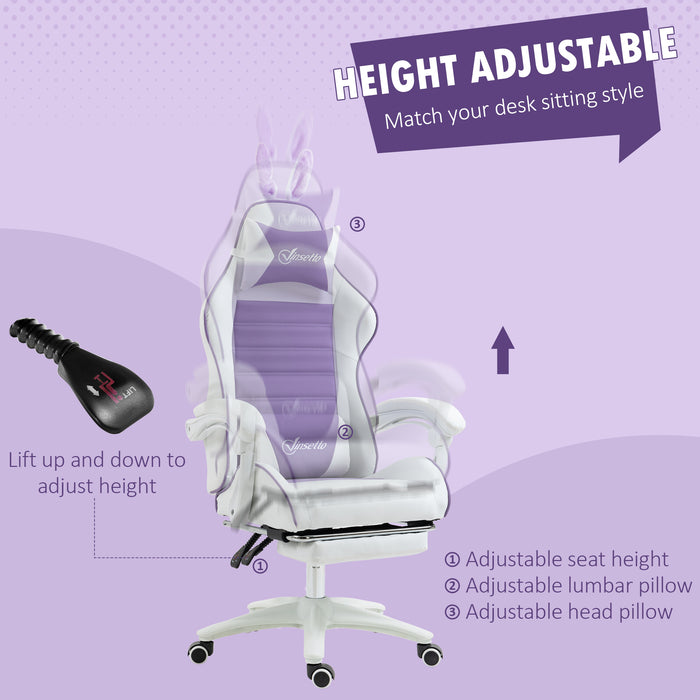 Racing Gaming Chair with Rabbit Ears - Reclining PU Leather Computer Chair, Footrest, Headrest & Lumbar Support, Purple - Ideal for Gamers & Home Office Use