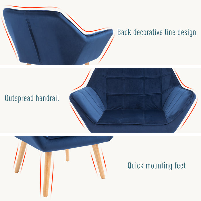 Wide-Armed Accent Armchair with Slanted Back - Padded Lounge Seat on Iron Frame with Wooden Legs - Comfy Bedroom or Living Room Seating in Blue