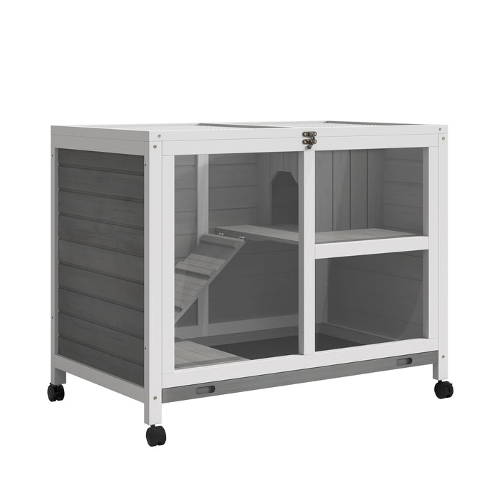 Wooden Pet Habitat - Rabbit & Guinea Pig Hutch with Pull-Out Cleaning Tray, Opening Roof, and Wheels - Ideal for Small Animals Comfort & Easy Mobility