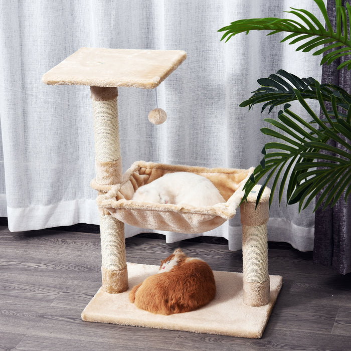 Cat Tree with Hammock and Sisal Posts - 70cm 2-Tier Scratching Stand with Dangling Toy - Ideal for Cat Scratching, Climbing & Relaxing