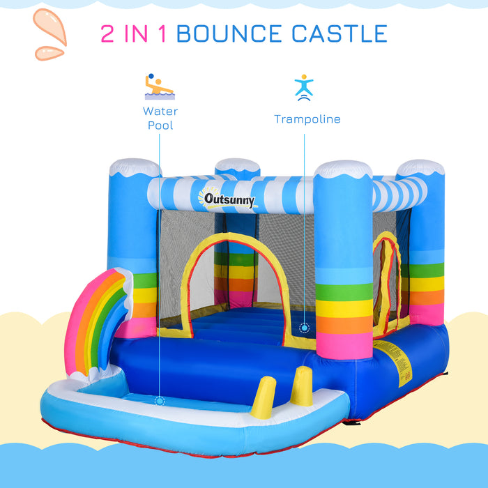 Kids Rainbow Inflatable Bouncy Castle-Trampoline Combo - 2.9 x 2 x 1.55m with Water Pool and Blower - Perfect Outdoor Play Structure for Children Ages 3-12