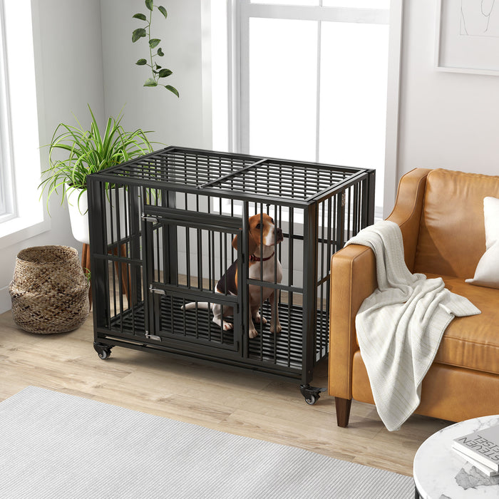 Heavy Duty 43" Foldable Dog Crate with Opening Top - Secure Locks, Easy Clean Removable Tray, & Mobile Wheels - Ideal for Large Dog Containment & Transport