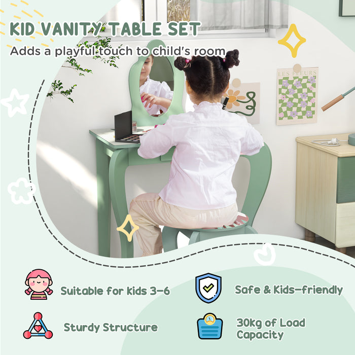 Cute Animal-Themed Toddler Bed Frame and Dressing Table Set - Includes Mirror and Stool for Kids Bedroom - Ideal Furniture for Ages 3-6 Years, Vibrant Green Color