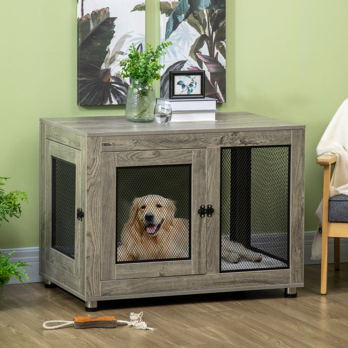 Two-in-One Large Canine Habitat - Dual-Door Dog Crate with Comfy Cushion - Multipurpose Pet Enclosure & Stylish Living Room Furniture