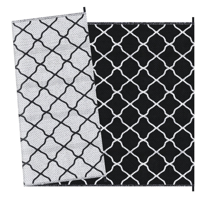 Reversible Plastic Straw Outdoor Rug - Includes Carry Bag & Ground Stakes, 182x274cm in Black - Ideal for Garden, RV, Picnic, Beach, and Camping Use