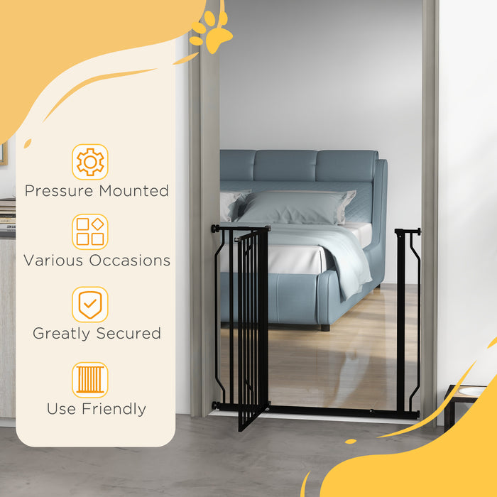 Extra-Wide Adjustable Dog Safety Gate with Walk-Through Door - Pressure Mount for Doorways, Hallways, Staircases - Pet Barrier for Home Safety, Black