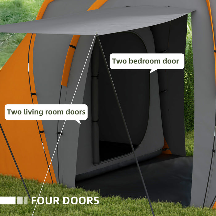 Extra Spacious Tunnel Tent - 2-Bedroom Camping Shelter with Living Space, 2000mm Waterproof - Ideal for 4-6 People, Easy Transport with Carry Bag, Vibrant Orange
