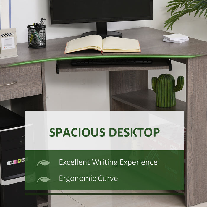 L-Shaped Corner Desk with Keyboard Tray and CPU Stand - Spacious Worktop with 2 Shelves and Drawer for Home Office - Ideal for Study Room and Bedroom, Grey Finish