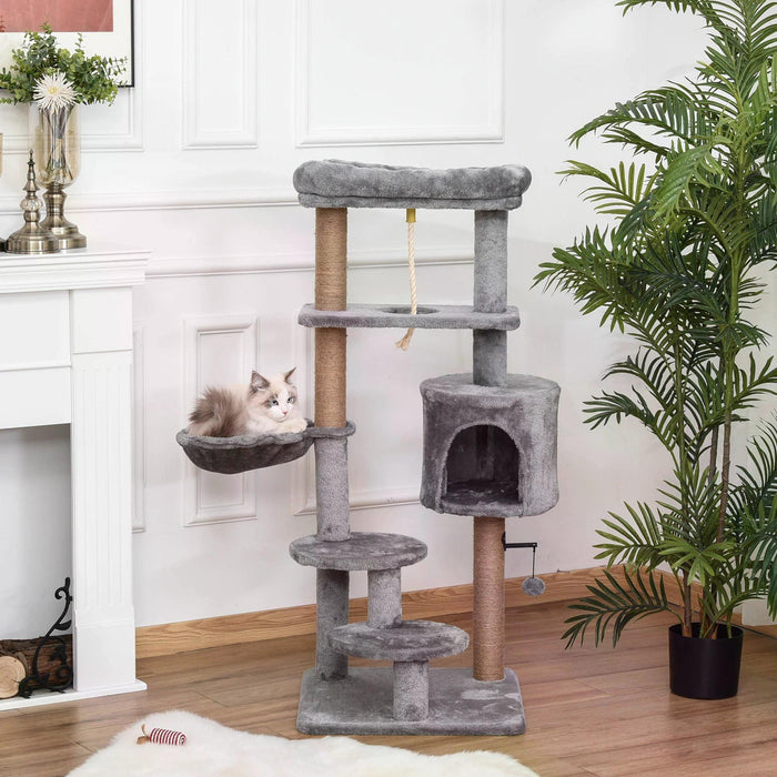 Luxury 120cm Jute Cat Tree - Scratching Post, Hammock, Perch, Hanging Ball, Teasing Rope, Condo Playhouse - Ideal for Cat's Play and Rest, Light Grey