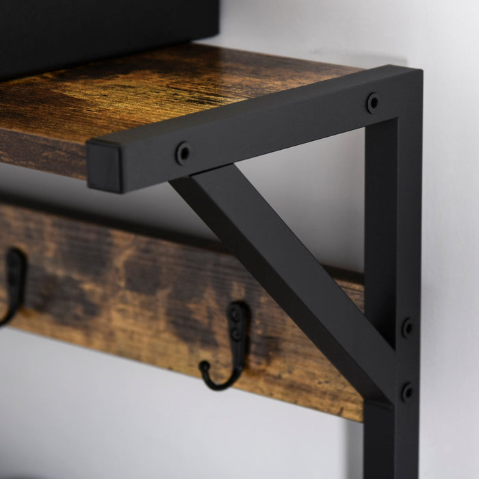 Shoe Storage Bench with Coat Rack Stand - 9 Hooks and Shelving, 180cm Tall in Brown and Black - Ideal for Bedroom, Living Room, or Entryway Organization