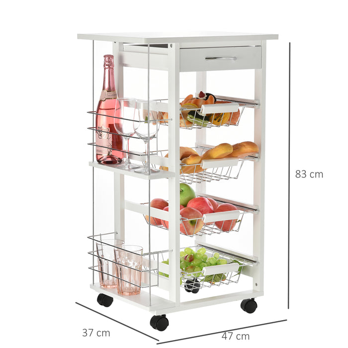 Kitchen Trolley Cart with Storage - Multi-Use Island with 4 Baskets, 2 Side Racks, and Drawer - Smooth-Rolling Wheels, Compact Design for Home Organization and Food Prep