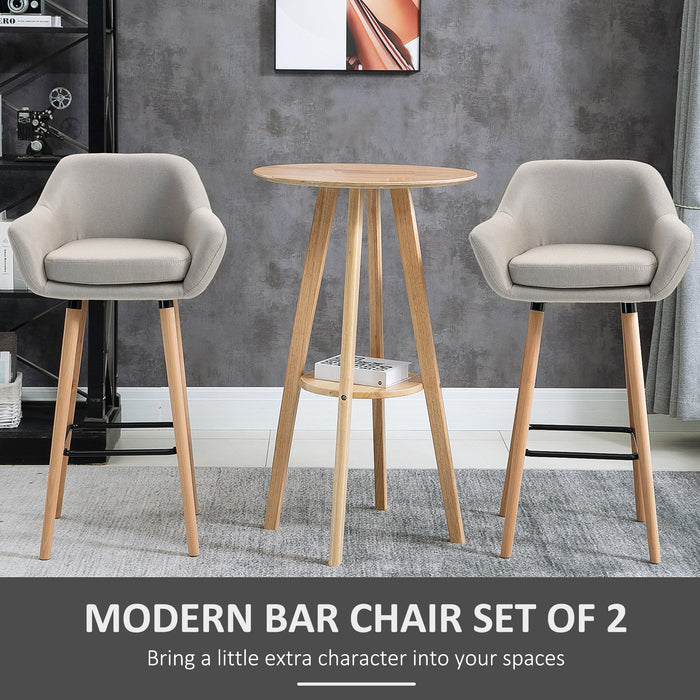 Modern Upholstered Beige Bar Stools - Set of 2 Chairs with Solid Wood Legs and Metal Frame - Elegant Seating for Dining Room or Kitchen