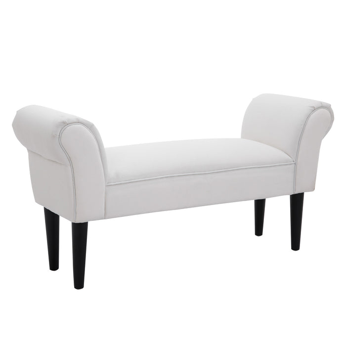 Chic White Chaise Lounge Sofa with Wooden Legs - Petite Velvet Upholstered Bench for Bedroom or Window Seat - Elegantly Crafted for Small Spaces and Home Decor Enhancements