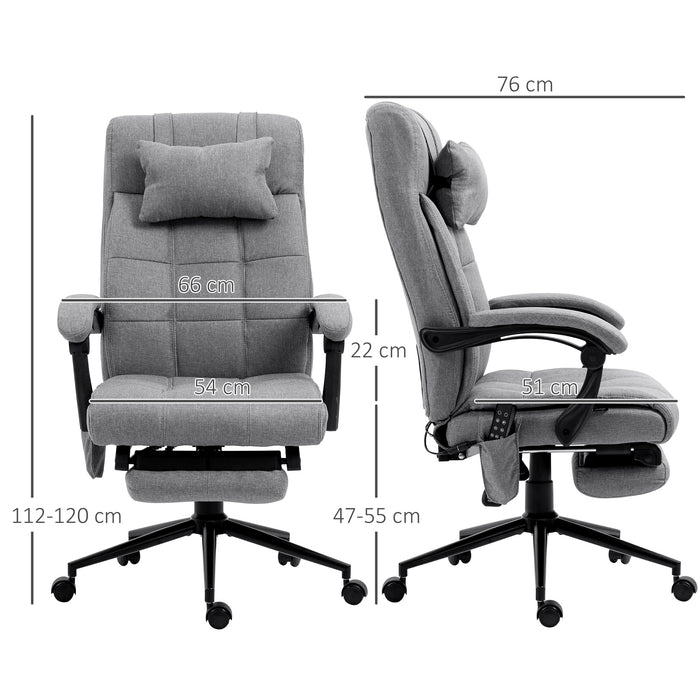 Ergonomic Reclining Office Chair with Vibration Massage and Heat - Fabric Desk Chair with Head Pillow, Footrest, and Armrest in Grey - Comfort for Long Hours at Work or Gaming