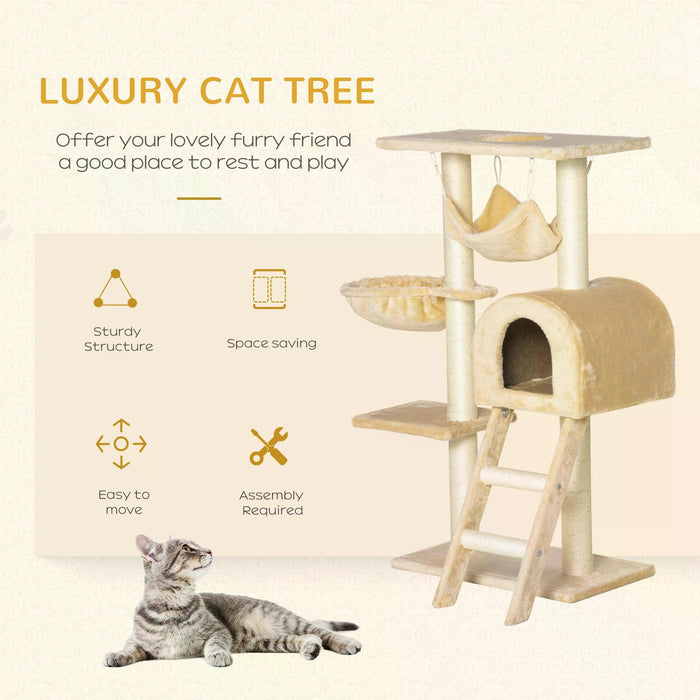 Cat Tree Tower Kitten Activity Centre - Scratching Post, Hammock, Condo Bed, Basket, and Ladder - 98 cm Beige Playhouse for Cats