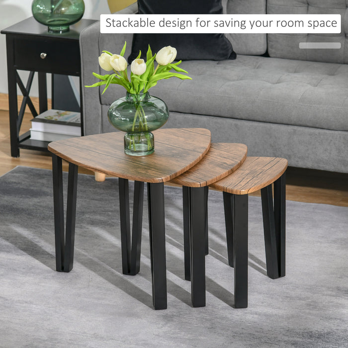 MDF Steel 3-Piece Nesting Table Set - Multifunctional Coffee & End Side Tables with Walnut Wood Grain Finish - Space-Saving Living Room Furniture Essentials