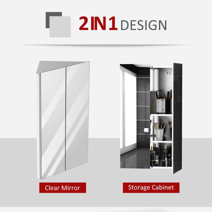 Corner Bathroom Cabinet with Mirrored Door - Wall-Mounted Stainless Steel Organizer with 3 Shelves and 2 Doors - Space-Saving Storage for Home Essentials