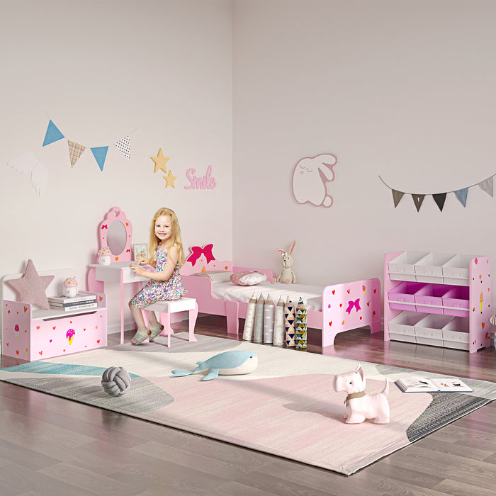 Kids Vanity Table and Stool Set - Pink Makeup Desk with Mirror, Drawer, and Cute Patterns - Ideal for Girls Aged 3-6 Years Old