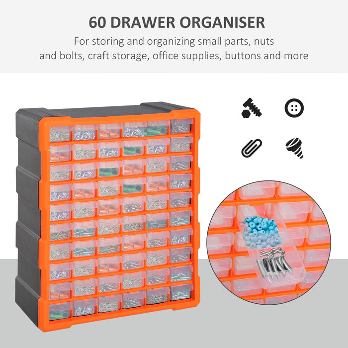 60-Drawer Organizer Cabinet for Parts - Wall-Mounted, Multi-Use Storage Solution for Garage - Ideal for Organizing Small Nuts, Bolts, and Tools in Clear Orange