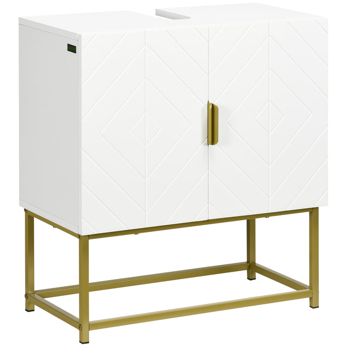 Under Sink Bathroom Mirror Cabinet - Basin Cupboard with Dual Door Storage and Elegant Gold Steel Legs - Stylish Organization for Restroom Essentials