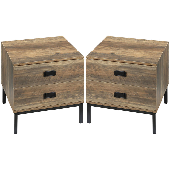 Vintage-Style Bedside Table Set - 2-Drawer End Side Unit with Sturdy Metal Frame - Ideal for Bedroom Coziness & Living Room Elegance