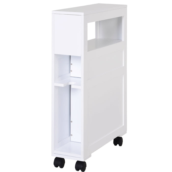 Slim Bathroom Storage Organizer - MDF Rolling Side Cabinet in White - Space-Saving Solution for Tight Spaces