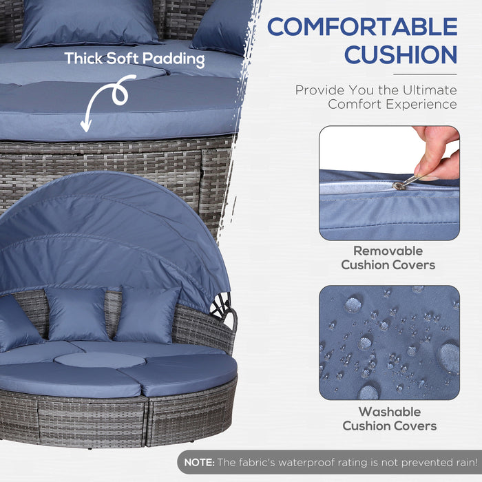 6-Seater Rattan Sofa Bed with Coffee Table - Cushioned Wicker Round Outdoor Lounging Set - Ideal Patio Conversation Furniture for Garden and Relaxation