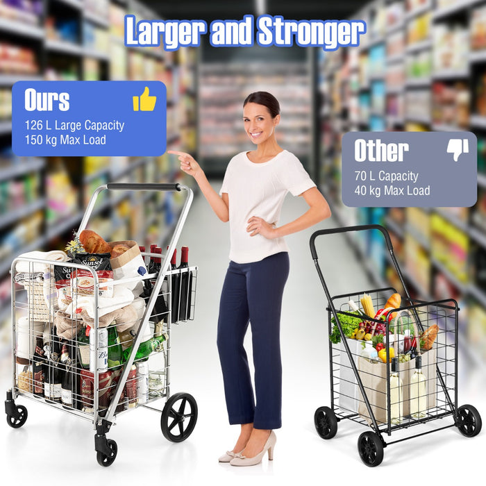 White Folding Shopping Cart - Portable Cart with Waterproof Liner - Ideal for Everyday Shopping Convenience