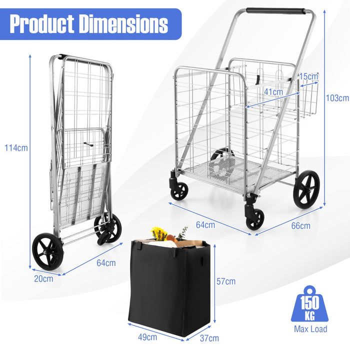 White Folding Shopping Cart - Portable Cart with Waterproof Liner - Ideal for Everyday Shopping Convenience