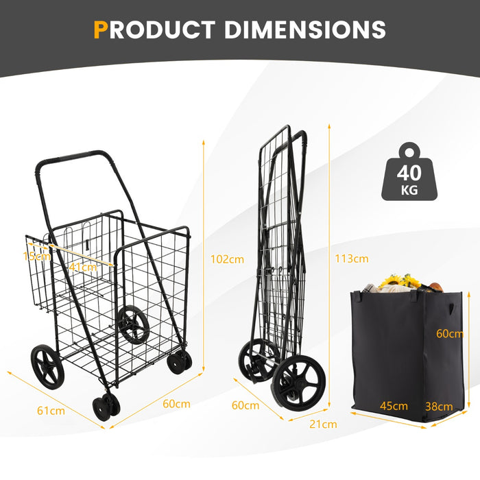 Compact Folding Shopping Cart - Black with Durable Oxford Liner - Ideal for Convenient Grocery Shopping