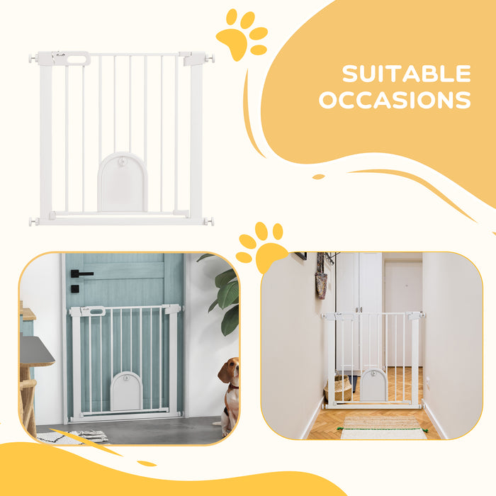 Pressure Fit Double Locking Pet Safety Gate, 75-82cm - Includes Cat Flap for Doorways and Hallways, White - Ideal Barrier for Pets and Small Animals