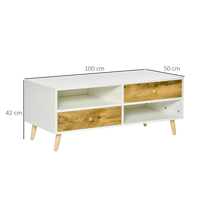 Rectangular Coffee Table with Storage - Dual-Drawer Side Table with 2 Shelves, White and Brown Finish - Stylish Organization for Living Room, Bedroom, Office
