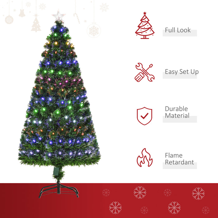 Pre-Lit Fiber Optic 5ft Christmas Tree with Star Topper - 170 Branch Tips, Metal Stand, Multi-Color LED Lights - Festive Home Holiday Decor
