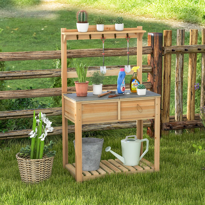 Wooden Garden Potting Table - Flip-Open Galvanized Tabletop Feature - Perfect Solution for Gardening Enthusiasts