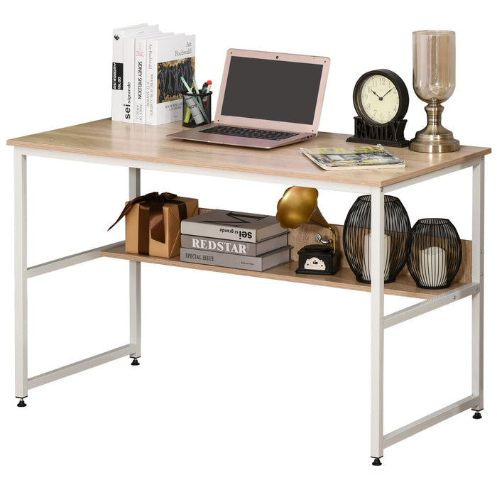 Adjustable Oak Computer Desk with Storage Shelf - Sturdy Metal Frame Home Office Workstation for Laptop and Writing - Ideal for Study and Work at Home