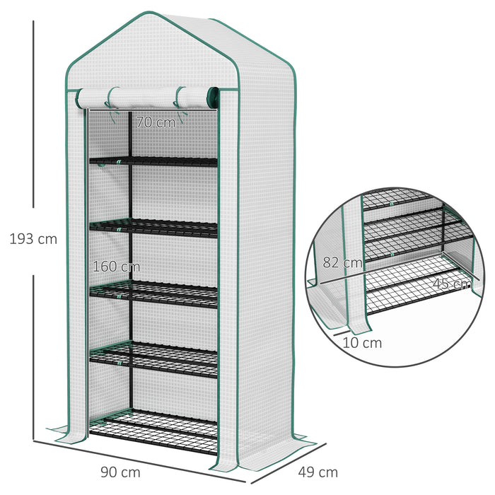5 Tier Widened Mini Greenhouse with Sturdy PE Cover - Portable Gardening House with Roll-Up Zipper Door and Metal Wire Shelves - Ideal for Plant Protection and Growth, 193x90x49 cm, White