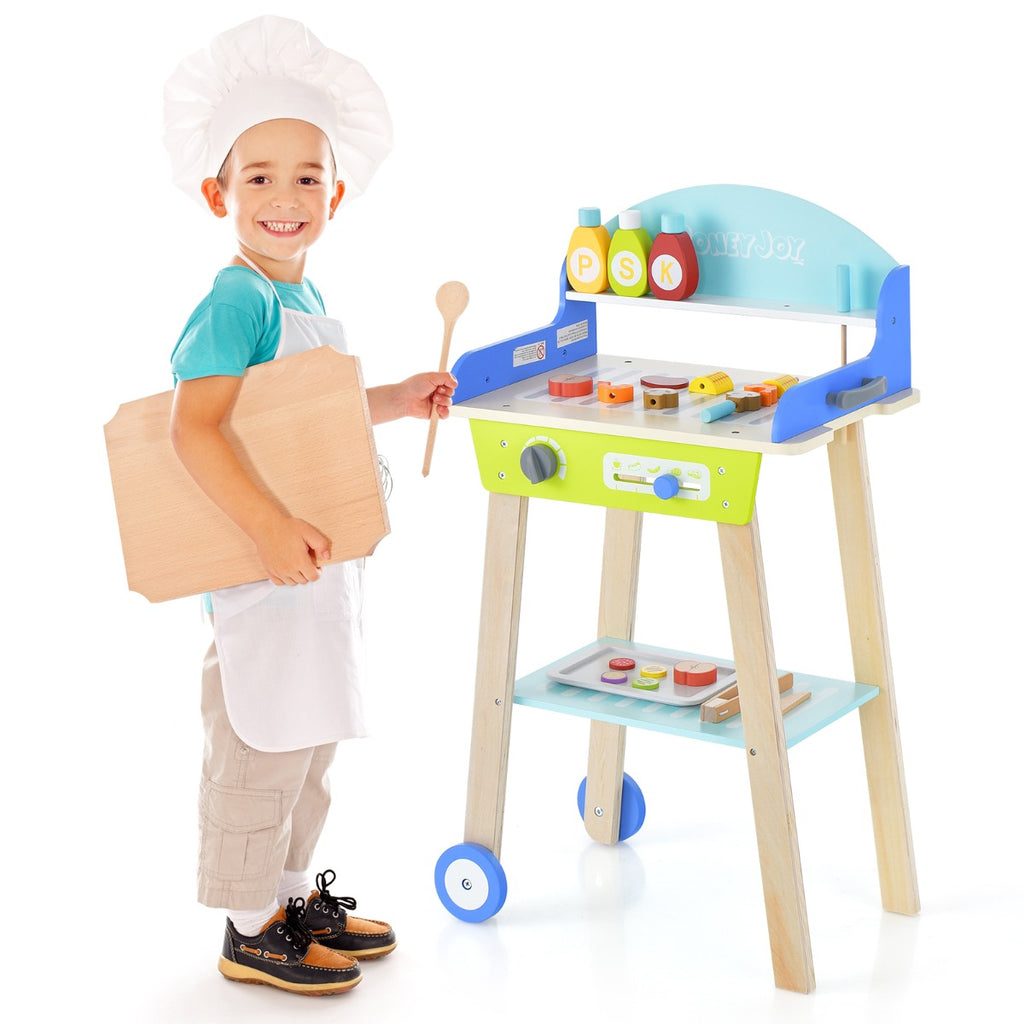 Kids BBQ Playset - Pretend Barbecue Grill with Food Accessories, Movable Handle and Wheels - Ideal for Imaginative Play and Motor Skills Development