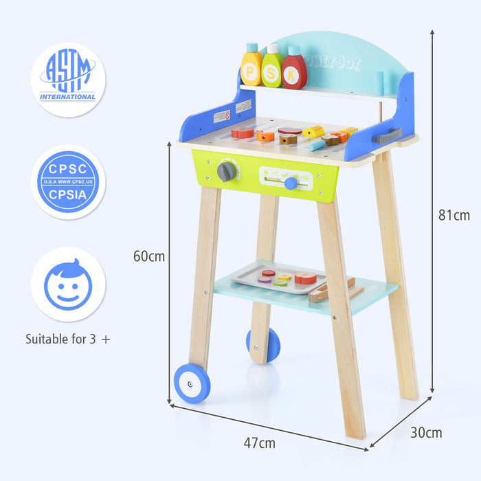 Kids BBQ Playset - Pretend Barbecue Grill with Food Accessories, Movable Handle and Wheels - Ideal for Imaginative Play and Motor Skills Development