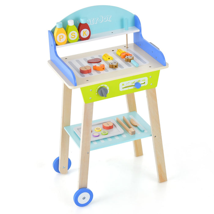 Kids BBQ Playset - Pretend Barbecue Grill with Food Accessories, Movable Handle and Wheels - Ideal for Imaginative Play and Motor Skills Development