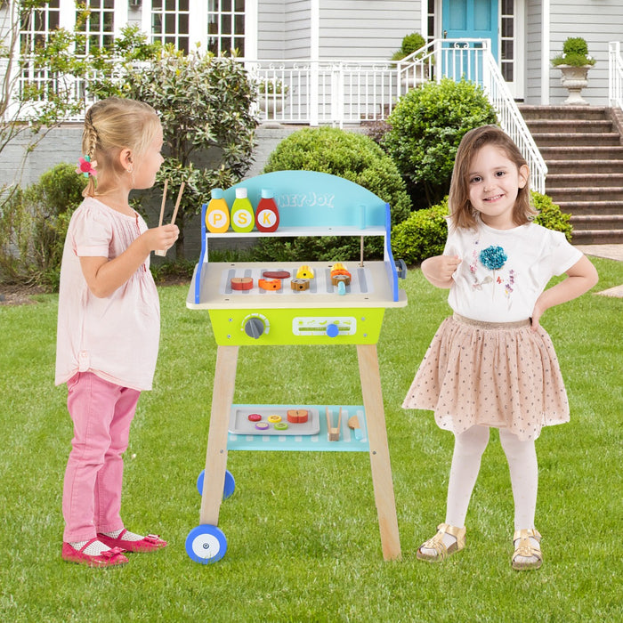 Kids BBQ Playset - Pretend Barbecue Grill with Food Accessories, Movable Handle and Wheels - Ideal for Imaginative Play and Motor Skills Development