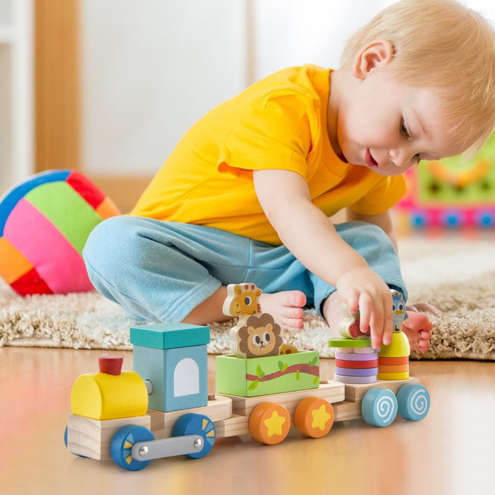 Classic Wooden Toy Train Set - Stackable, Colorful Animal Design - Ideal for Developing Motor Skills and Imagination for Toddlers
