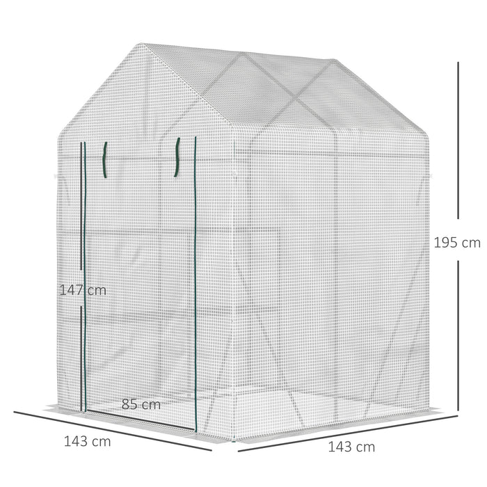 Portable Walk-In Greenhouse - with 2-Tier Shelving, Roll-Up Zippered Door & Durable PE Cover, 143x143x195 cm - Ideal for Garden Plant Growing and Protection