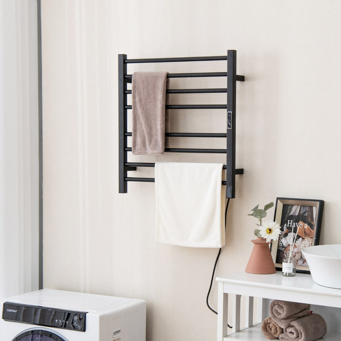 Wall Mounted 8 Bar Towel Warmer Rack - LED Display, Black Finish - Perfect for Keeping Towels Warm and Dry
